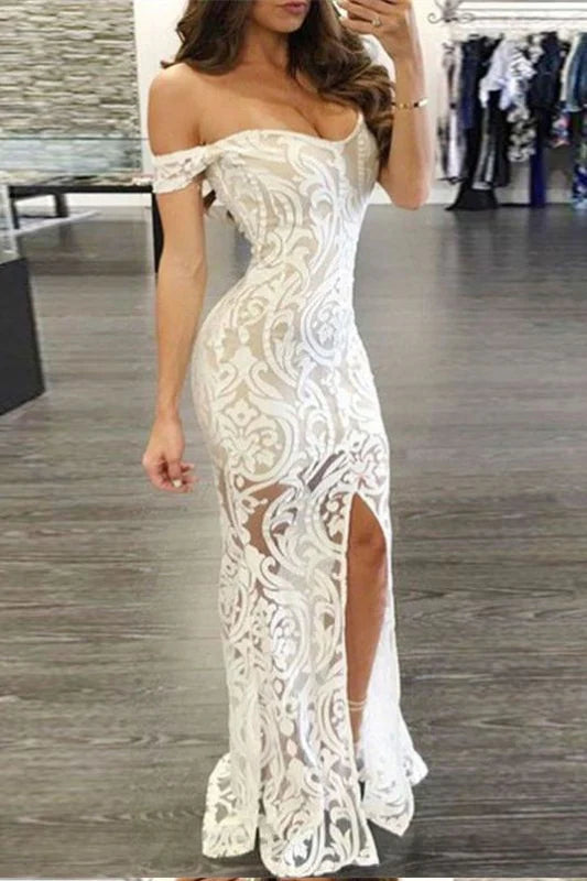 Etuikleid, schulterfrei, Spitze, Abendkleid, lang, formelles Ballkleid mit Schlitz